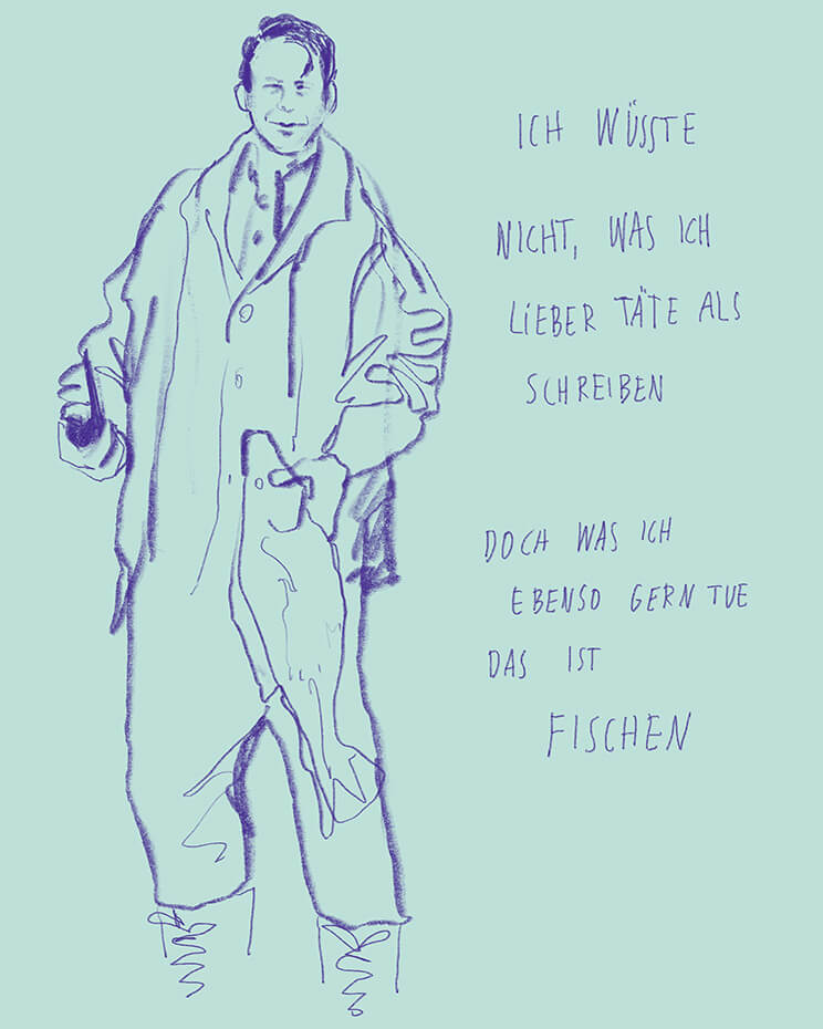 Illustration Motiv Siegfried Lenz mit Zitat Ich wüsste nicht, was ich lieber täte als schreiben. Doch was ich ebenso gern tue das ist fischen.