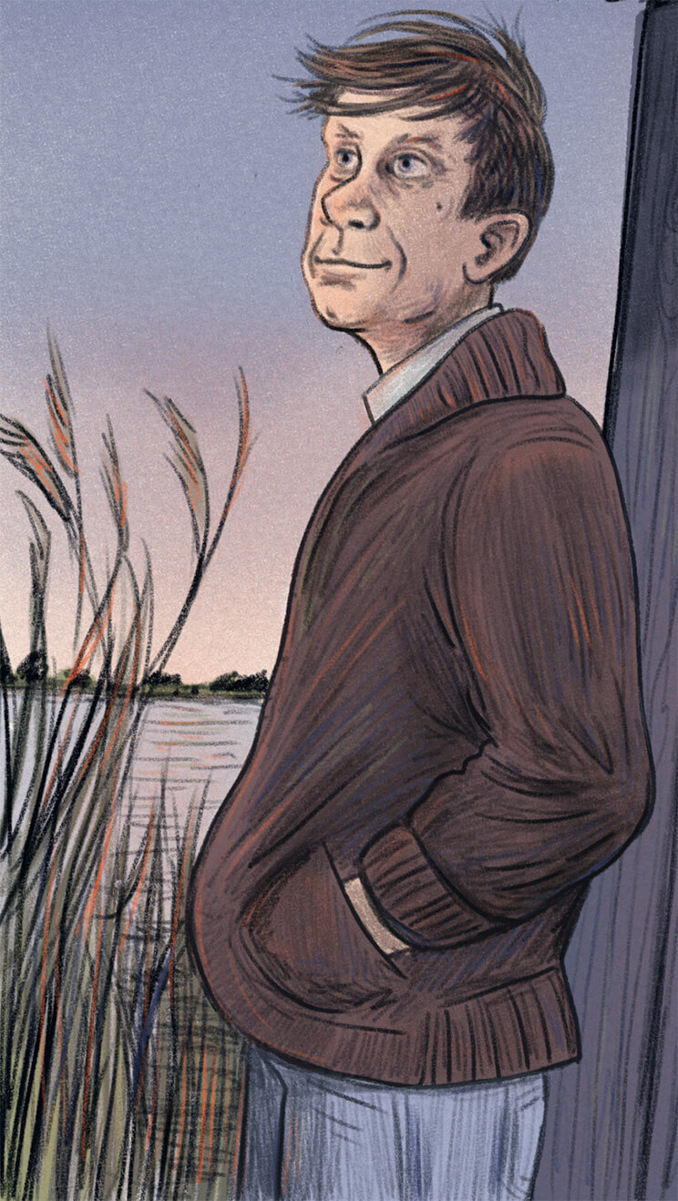 Illustration von Siegfried Lenz, der am See steht mit Händen in den Taschen.