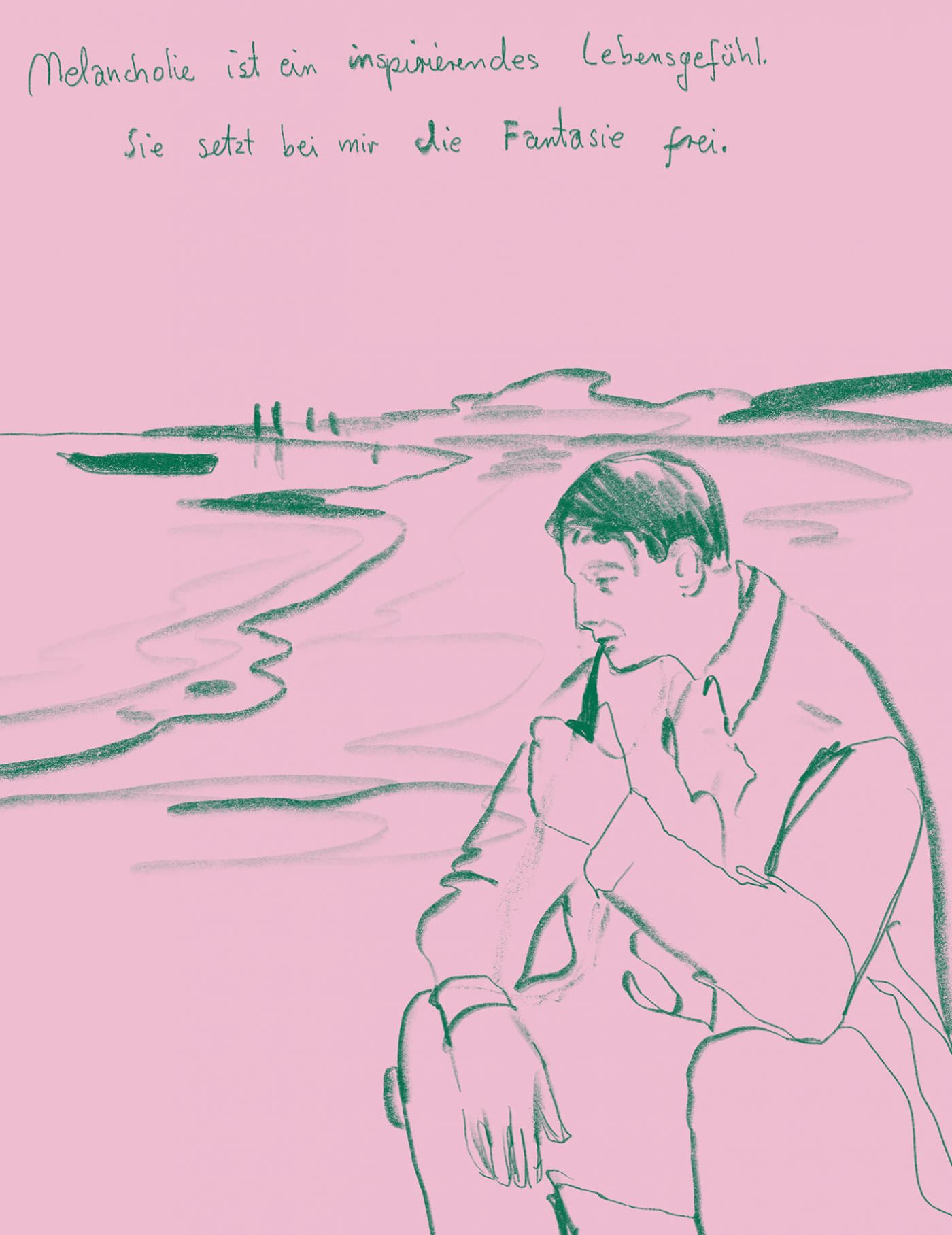 Illustration von Siegfried Lenz, wie er Pfeife rauchend an der Elbe sitzt.