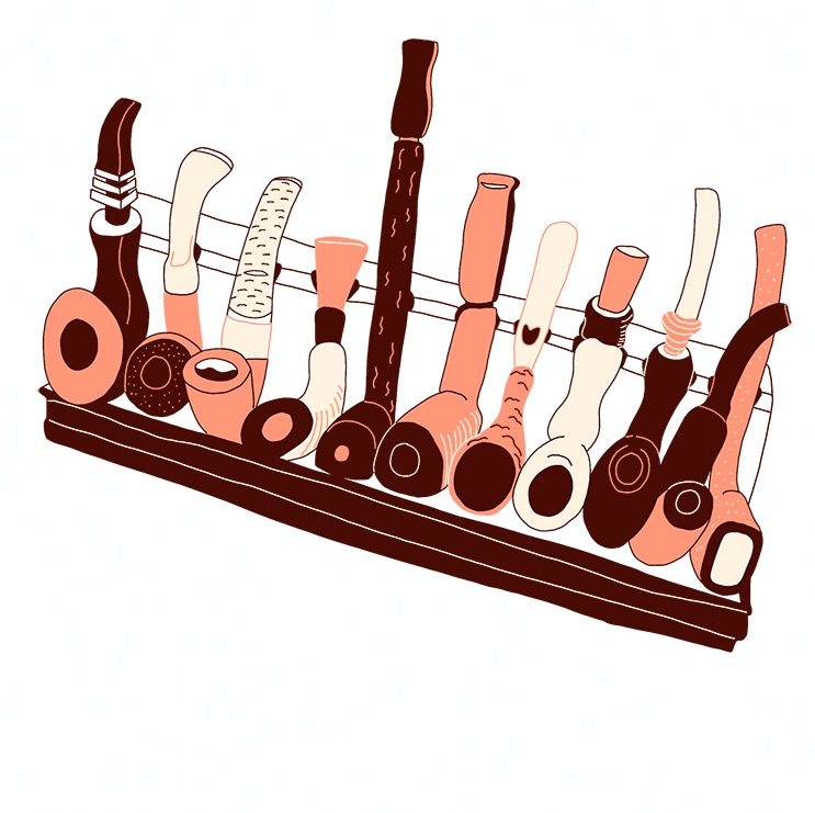 Illustration von aneinander gereihten Tabakpfeifen.