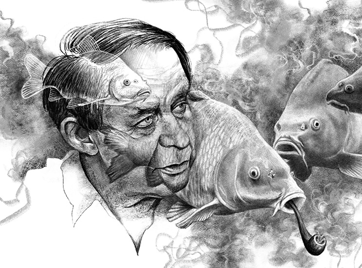 Illustration Poträt Siegfried Lenz mit Karpfen