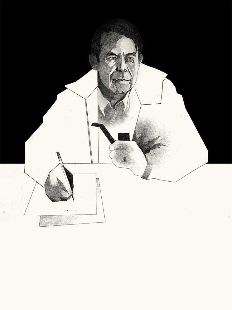 Illustration von Siegfried Lenz, der auf ein Blatt Papier schreibt.