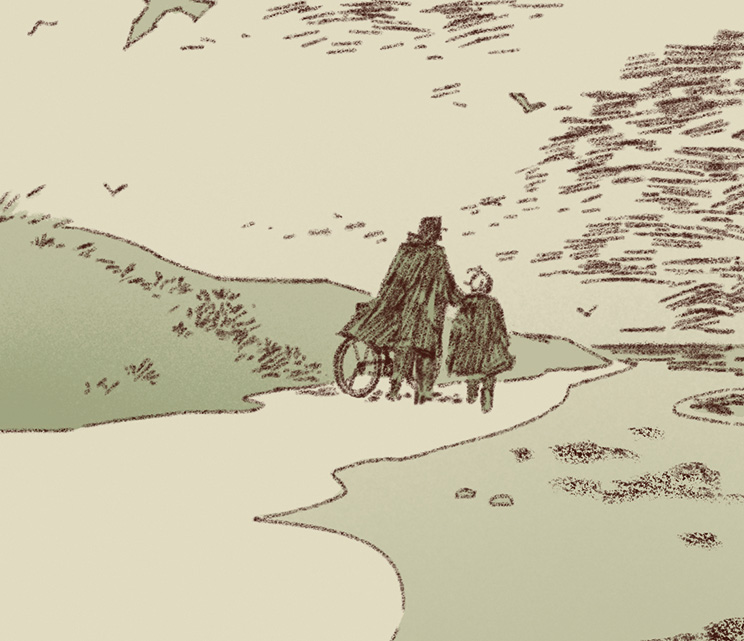 Illustration eines Mannes mit Fahrrad und eines Kindes von hinten auf einem Weg mit Horizont.