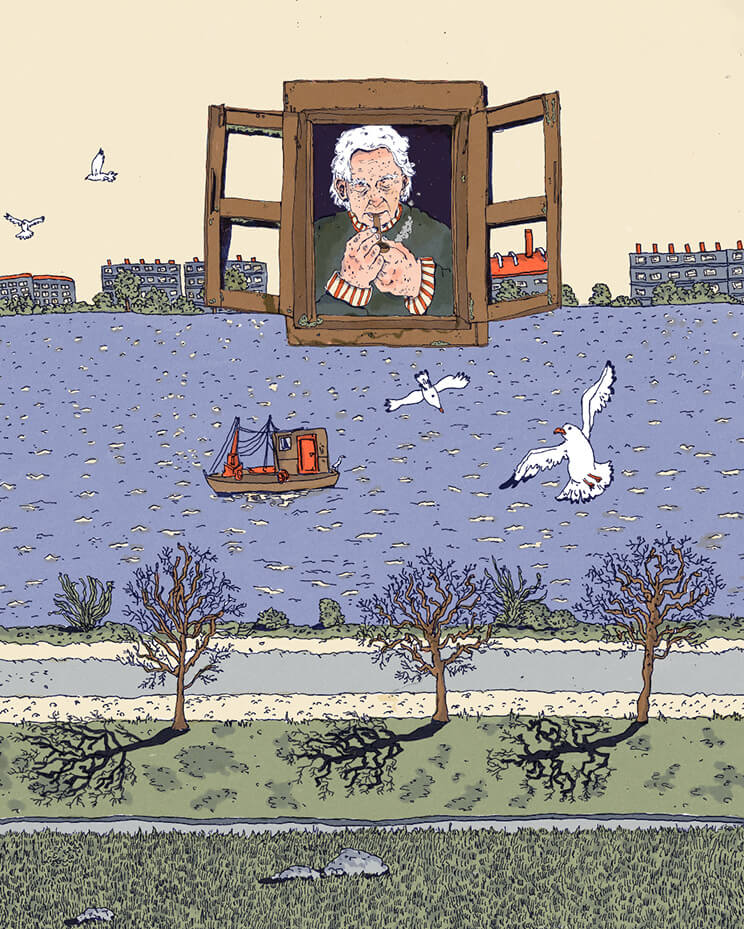 Illustration von Siegfreid Lenz, der aus einem Fenster schaut und sich eine Tabakpfeife anzündet. Darunter fließt die Elbe und man sieht den Hafen.