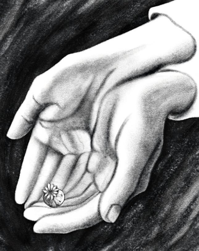 Illustration von zwei Händen, die eine Blüte halten.