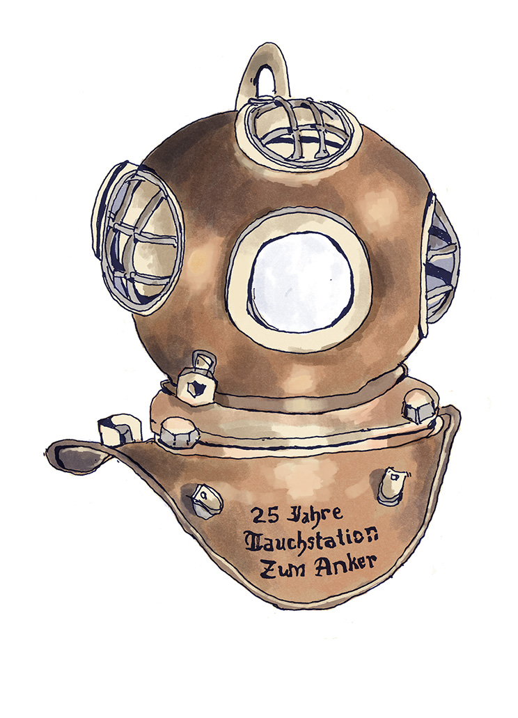 Illustration eines alten Kupferhelmtauchgerätes